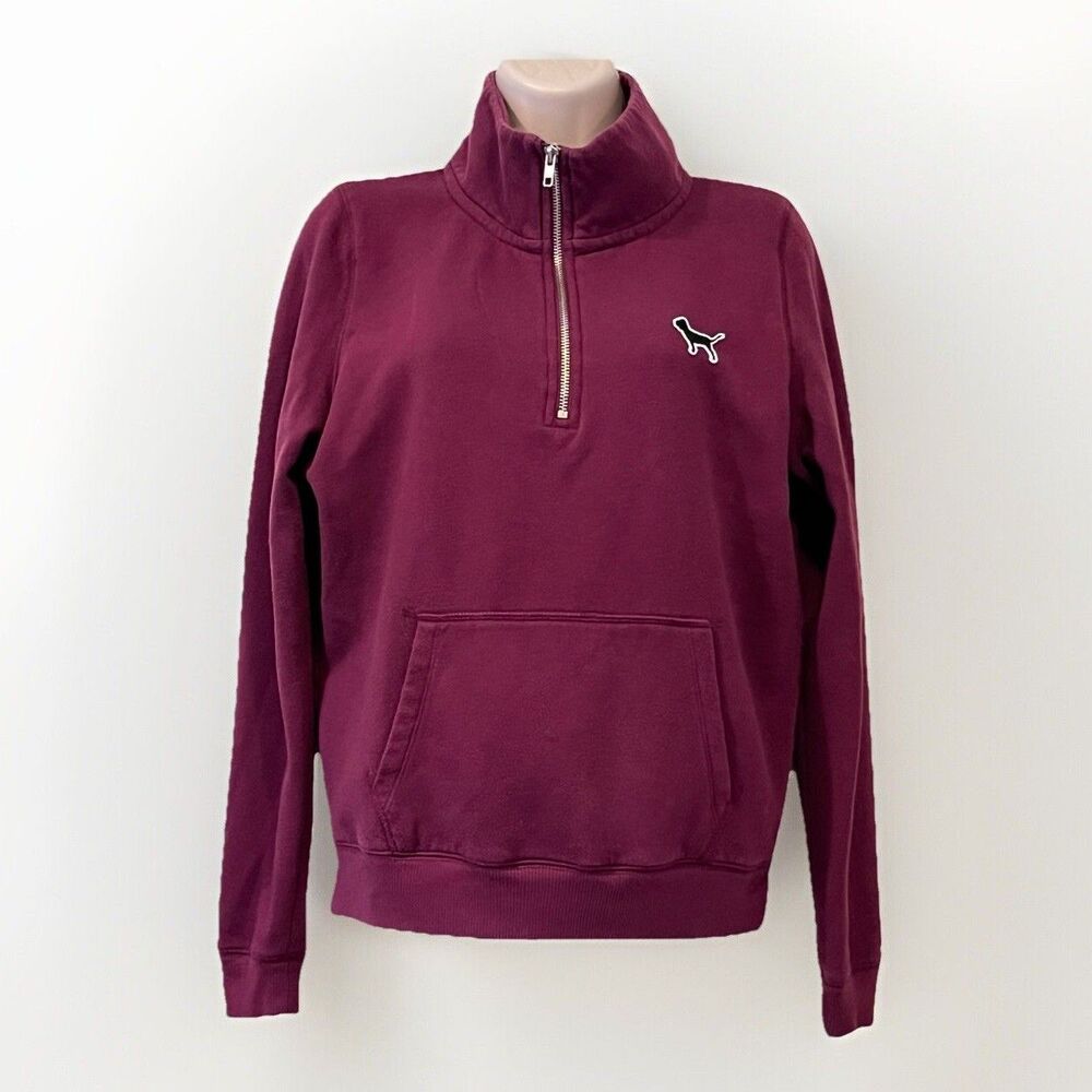 PINK Victorias Secret Graphic Spell out 1/4 Zip Pullover Womens M Burgundy Red - Picture 2 of 9